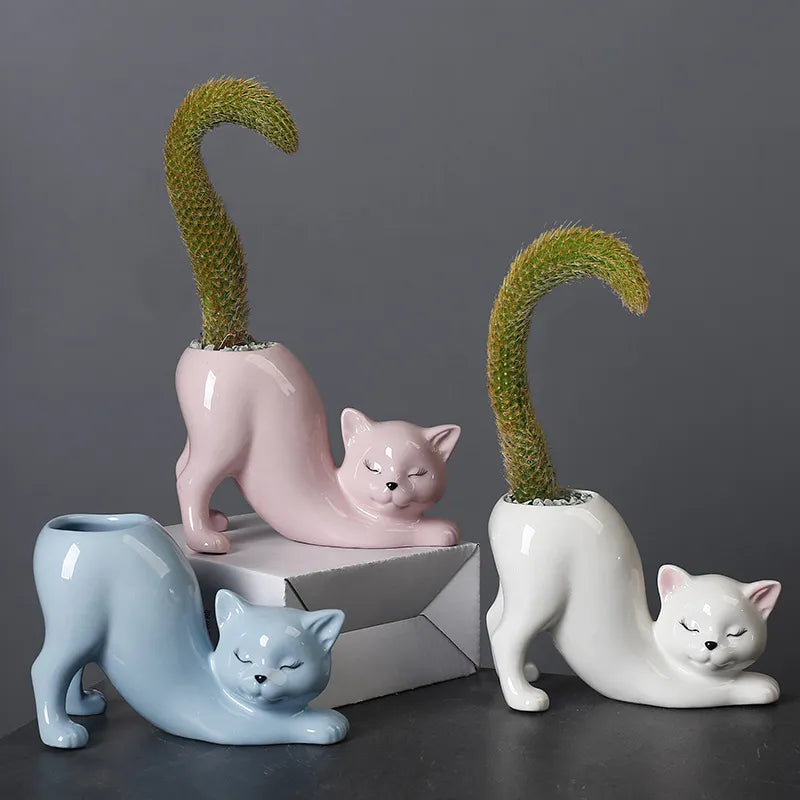 Cute Cat Flower Pot - Glazed Porcelain Succulent Planter