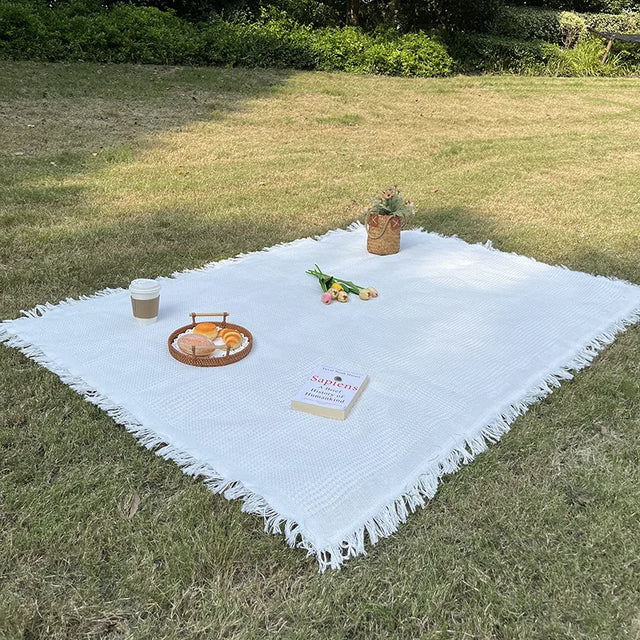 Picnic Blanket with Tassel Camping Mat Lawn Pad for Outdoor Travel Portable Knitting Tablecloth Nap Bedspread-3