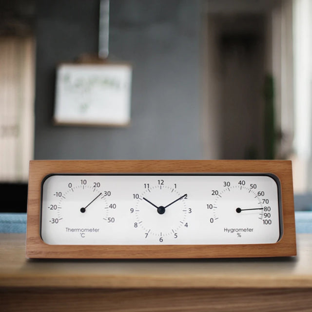 Japanese Wooden Table Clock with Time, Temperature & Humidity Display