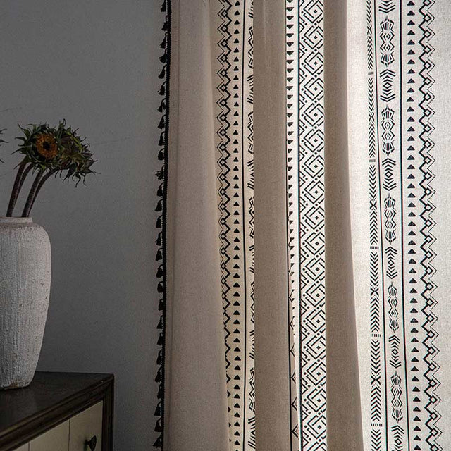Geometric Tassel Curtain Semi Blackout Drapes in Cotton Blend