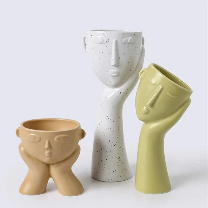 Abstract 'Human Face' Design Vases in Modern Ceramic