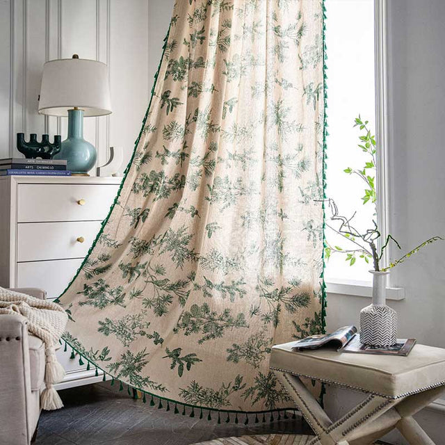 Green Pine Bird Pattern Tassel Curtain Bohemian Cotton Blend