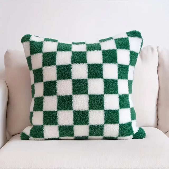 Checkerboard Faux Fur Cushion Cover in Khaki and Coffee