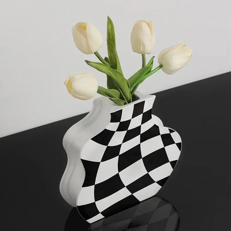 Black and White Ceramic Chequerboard Vase for Modern Decor