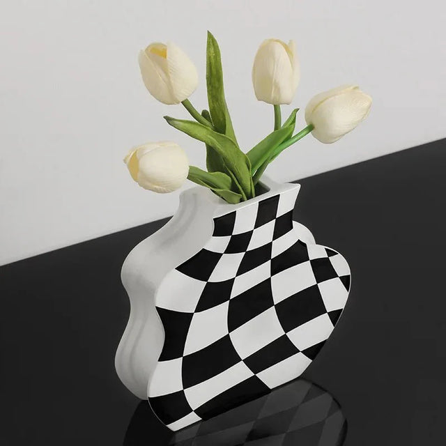 Black and White Ceramic Chequerboard Vase for Modern Decor