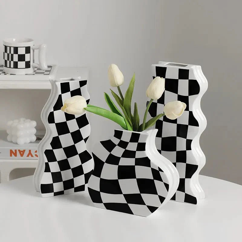 Black and White Ceramic Chequerboard Vase for Modern Decor