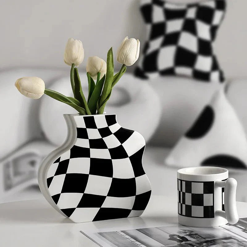 Black and White Ceramic Chequerboard Vase for Modern Decor