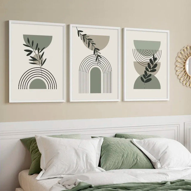 Boho Style Green Leaves Canvas Print Abstract Art Decor