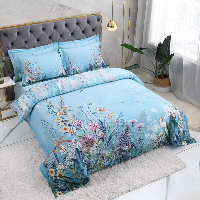 Azure Bloom Duvet Cover Set (Egyptian Cotton, 500 TC)