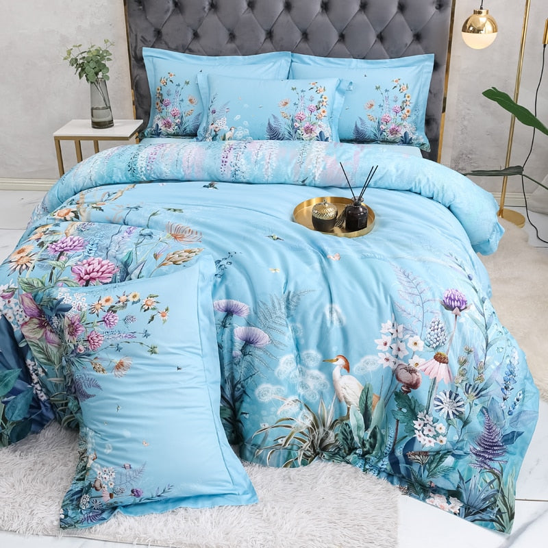 Azure Bloom Duvet Cover Set (Egyptian Cotton, 500 TC)