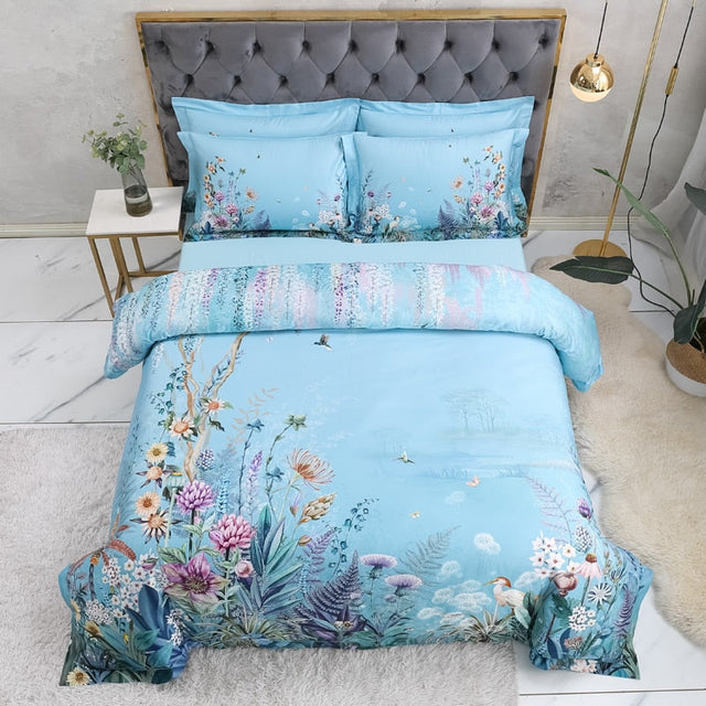 Azure Bloom Duvet Cover Set (Egyptian Cotton, 500 TC)