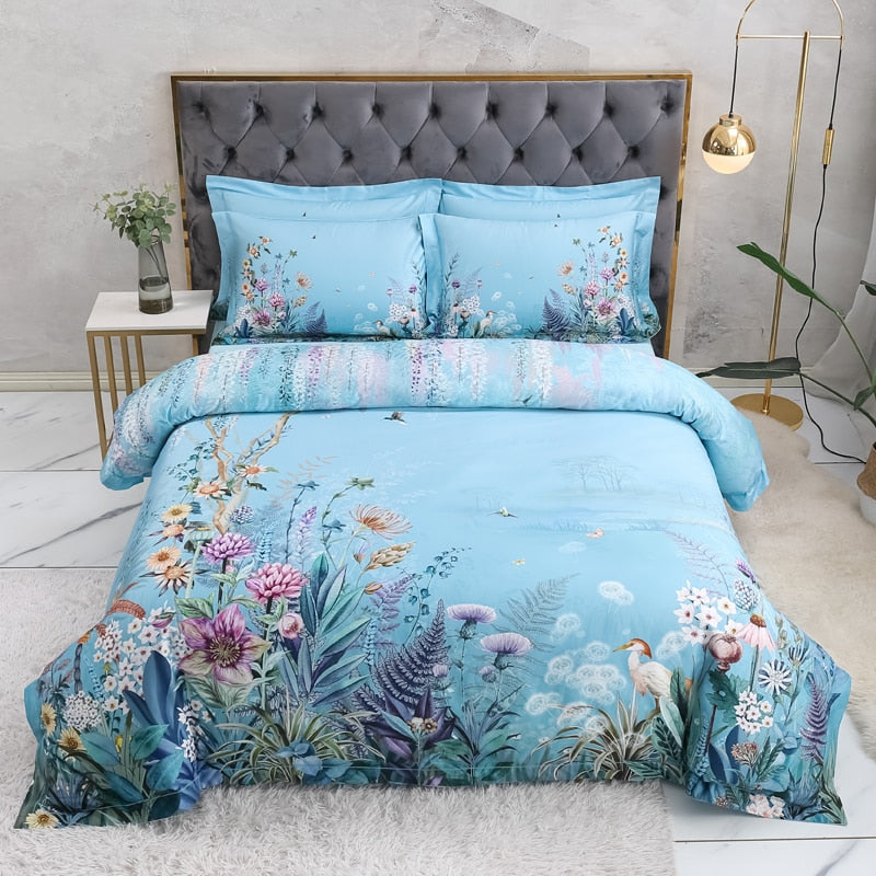 Azure Bloom Duvet Cover Set (Egyptian Cotton, 500 TC)
