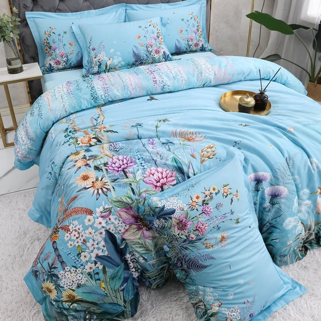 Azure Bloom Duvet Cover Set (Egyptian Cotton, 500 TC)