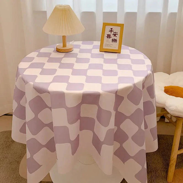 Chequered Design Round Cotton Tablecloth Waterproof Style