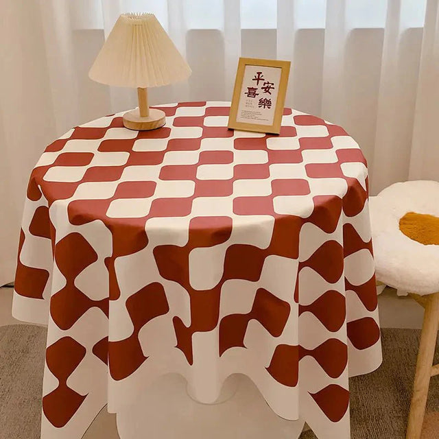 Chequered Design Round Cotton Tablecloth Waterproof Style