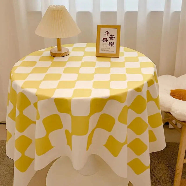 Chequered Design Round Cotton Tablecloth Waterproof Style