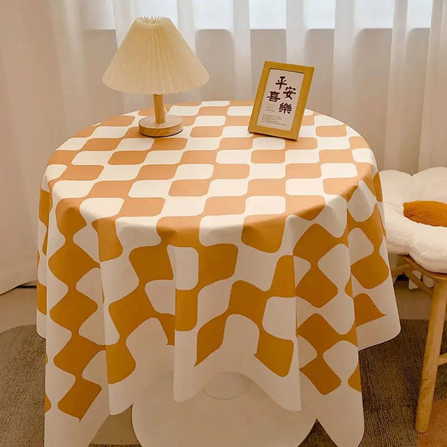 Chequered Design Round Cotton Tablecloth Waterproof Style