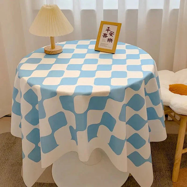 Chequered Design Round Cotton Tablecloth Waterproof Style