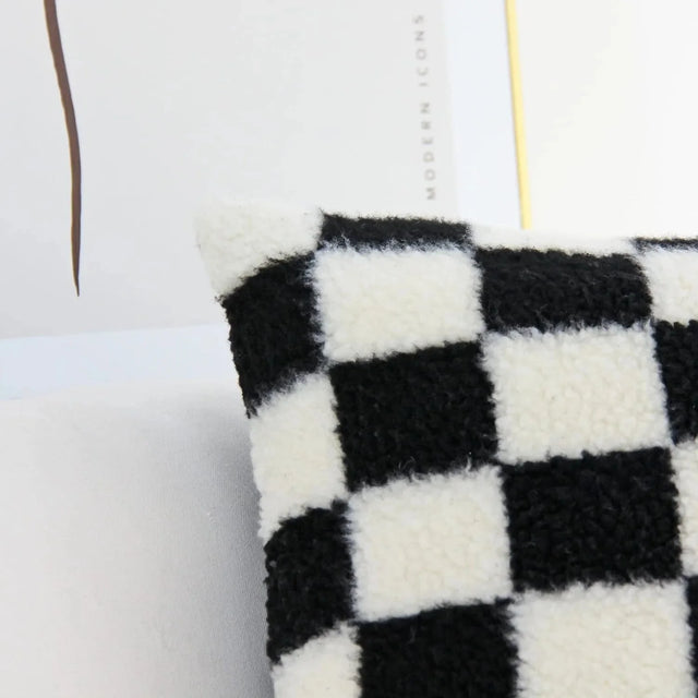 Chequered Faux Fur Woollen Throw Cushion Cover - Black White