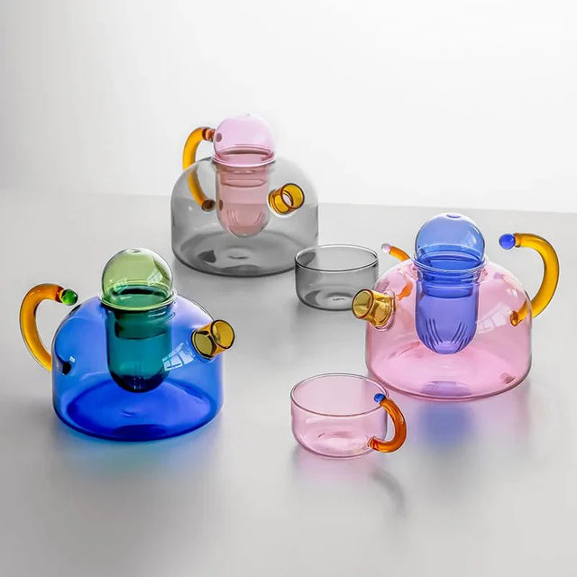 Contrasting Colour Glass Teapot Set - Stylish Heat-Resistant Design