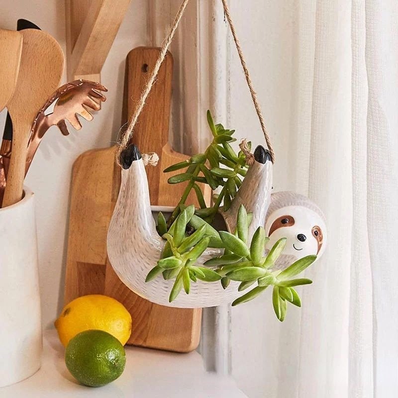 Creative Ceramic Sloth Hanging Flowerpot with Hemp Rope
