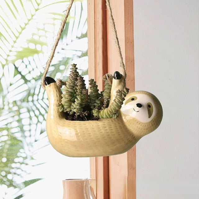 Creative Ceramic Sloth Hanging Flowerpot with Hemp Rope