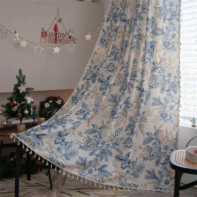 Blue Flower Pine Cotton Linen Light Filtering Curtain