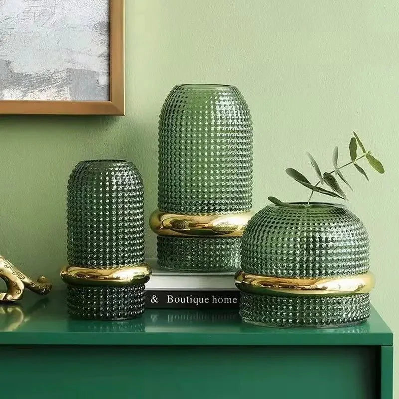 Dark Green Hydroponic Glass Vase with Gold Border