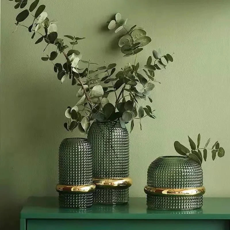 Dark Green Hydroponic Glass Vase with Gold Border