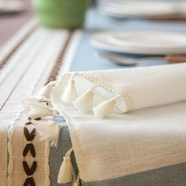 Decorative Plaid Pastel Linen Tablecloth with Tassels
