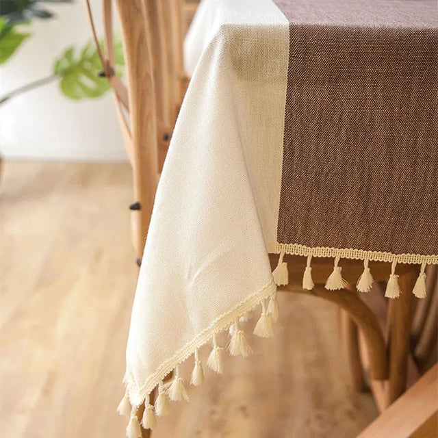 Decorative Plaid Pastel Linen Tablecloth with Tassels