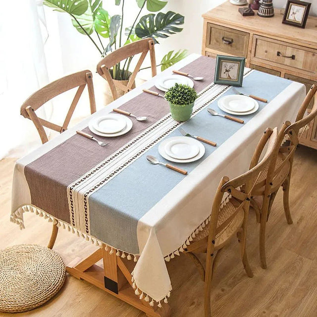 Decorative Plaid Pastel Linen Tablecloth with Tassels