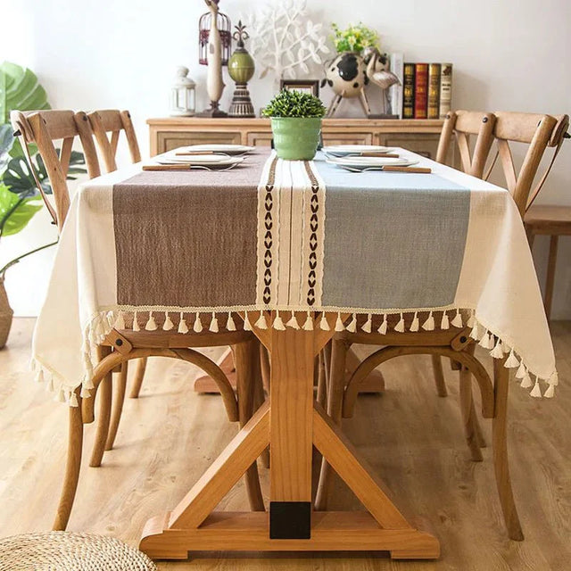 Decorative Plaid Pastel Linen Tablecloth with Tassels