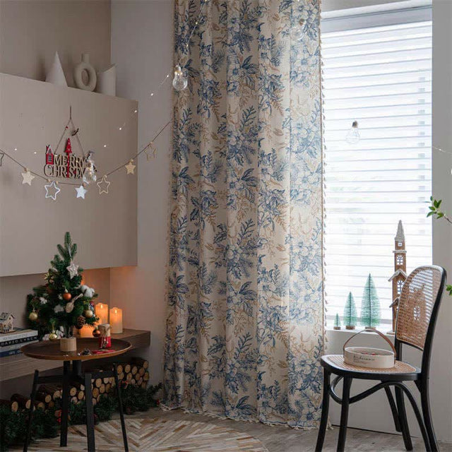 Blue Flower Pine Cotton Linen Light Filtering Curtain
