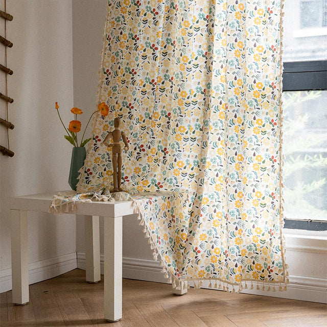 Yellow Flower Tassel Light Filtering Cotton Linen Curtain