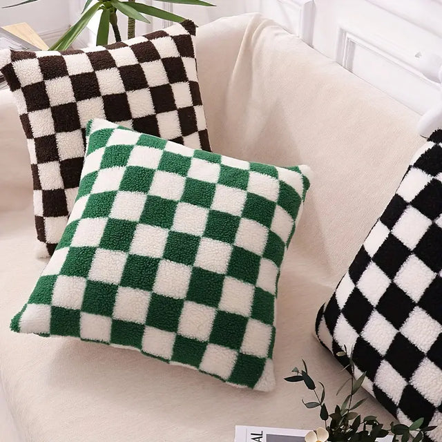 Checkerboard Faux Fur Cushion Cover in Khaki and Coffee