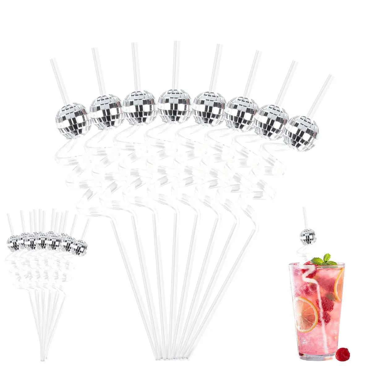 Eight Piece Set Of Sparkling Disco Ball Straws For Parties