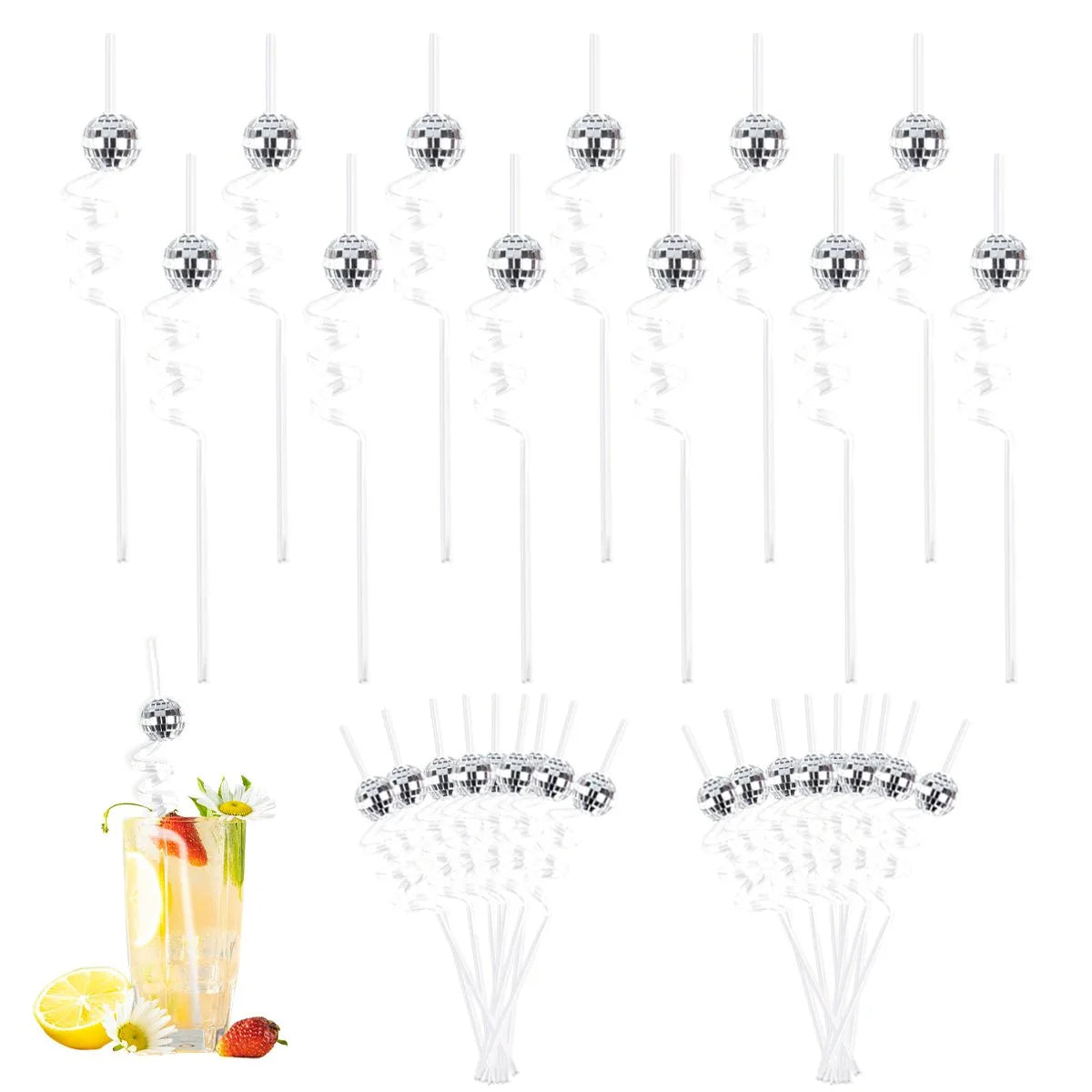 Eight Piece Set Of Sparkling Disco Ball Straws For Parties