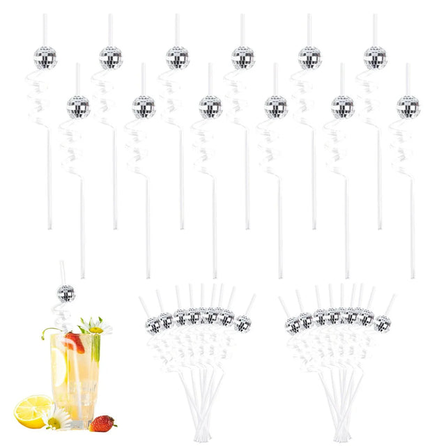 Eight Piece Set Of Sparkling Disco Ball Straws For Parties