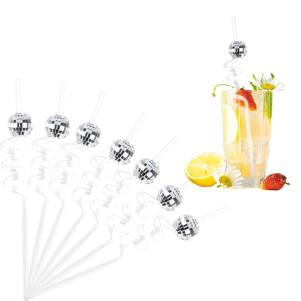 Eight Piece Set Of Sparkling Disco Ball Straws For Parties