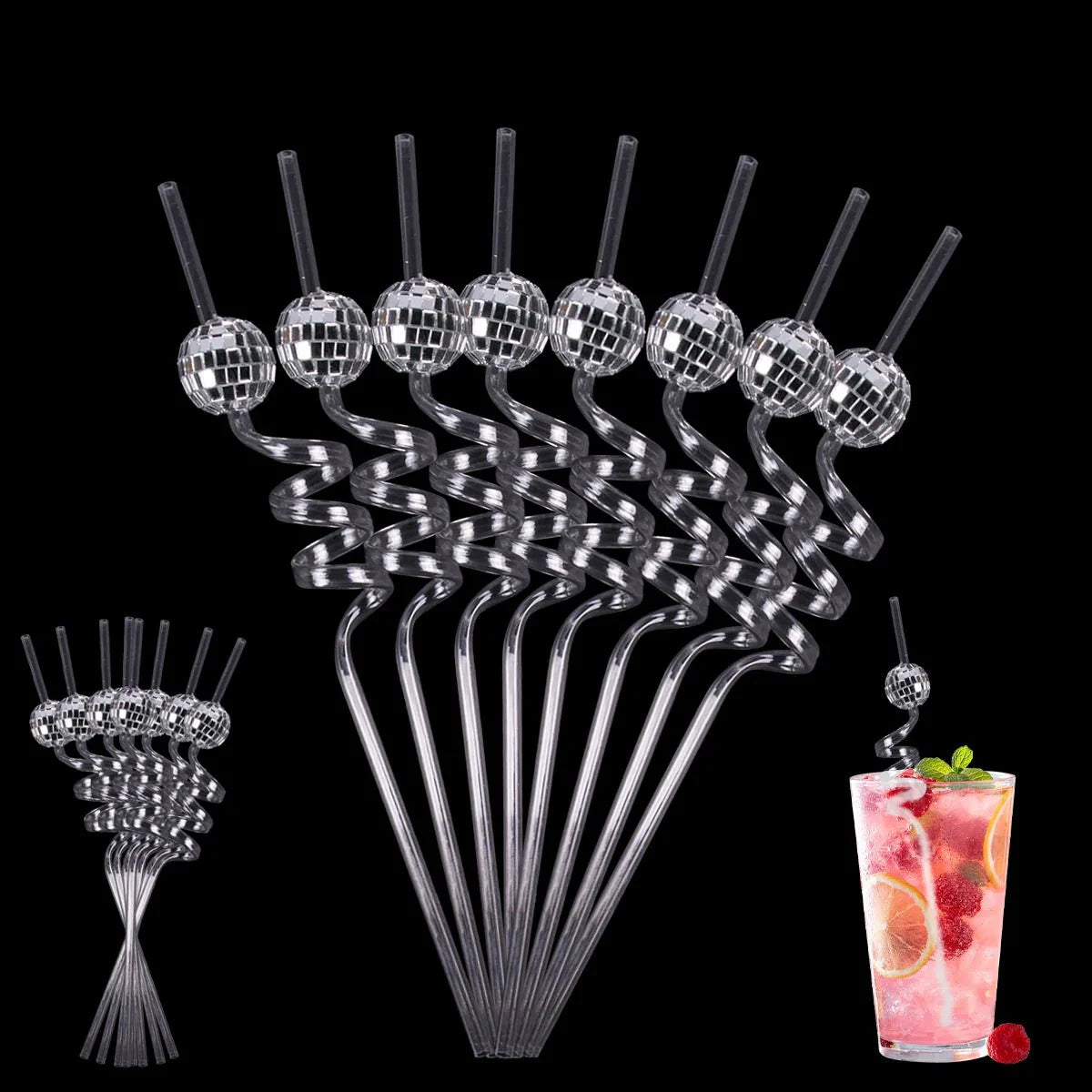 Eight Piece Set Of Sparkling Disco Ball Straws For Parties
