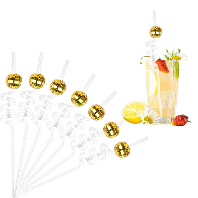 Eight Piece Set Of Sparkling Disco Ball Straws For Parties