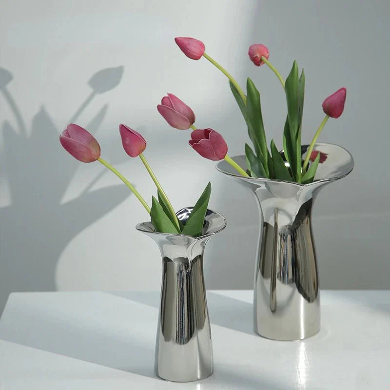Elegant & Sleek Silver Ceramic Flower Vase for Modern Decor