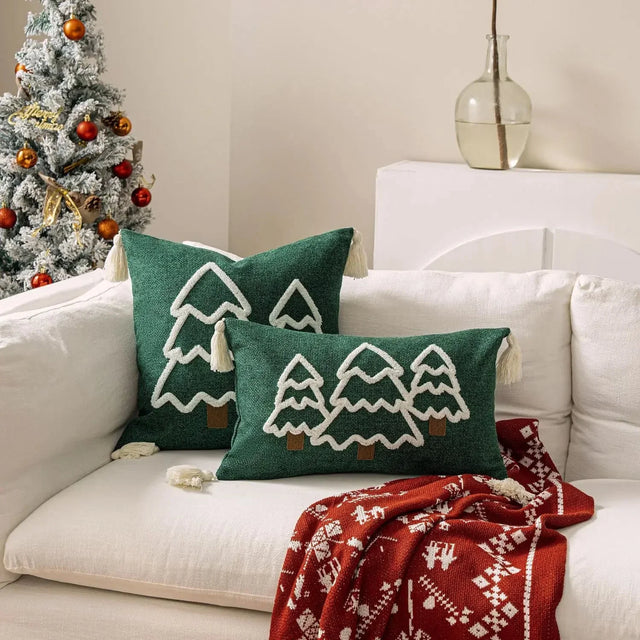 Embroidered Christmas Tree Cushion Cover in Cotton Canvas