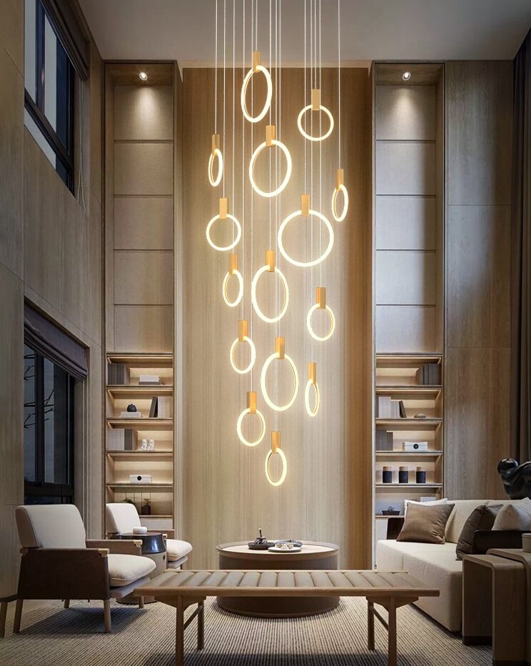 Halo LED Stair Chandelier – Modern Aluminum & Acrylic Hanging Light