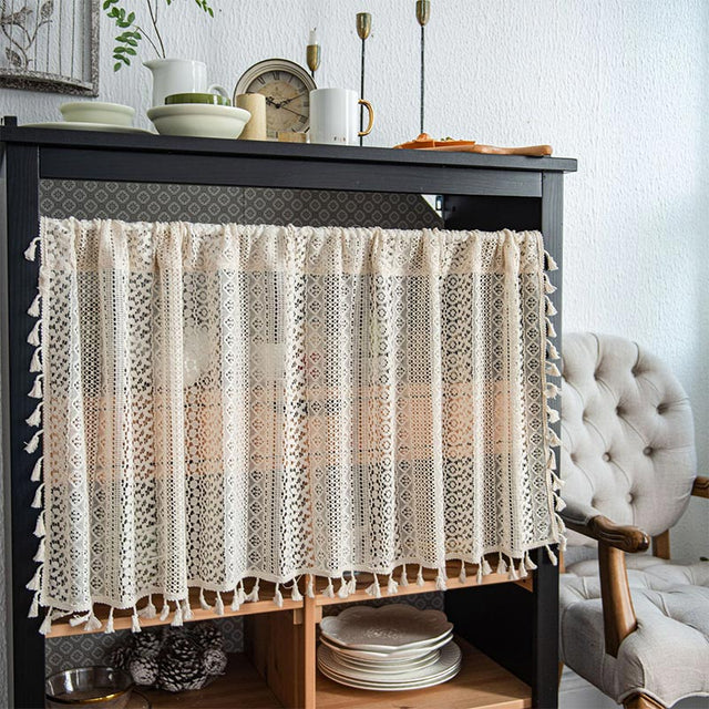 Lace Taseel Hollow-Out Tier Curtain in Cotton Linen Material