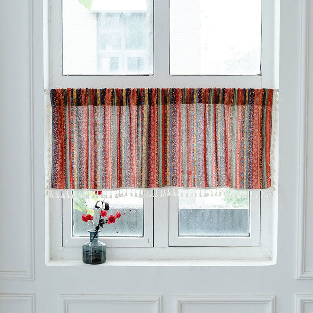 Colorful Plaid Pattern Tassel Tier Curtain-1