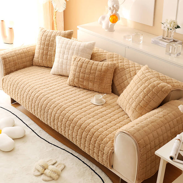 Biscuit Plush Soft Non-Slip Couch Cover with Anti-Slip Design