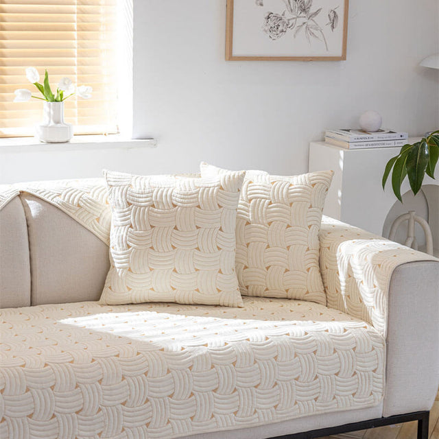 Weave Pattern Cotton Quilted Sectional Couch Cover, Non-Slip
