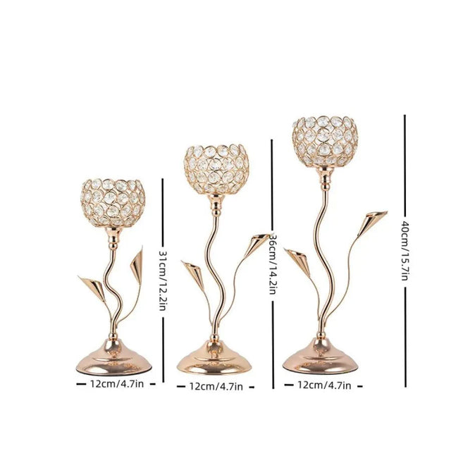 Golden Crystal Flower Shape Candlestick Holder Set - Metal Classic Design